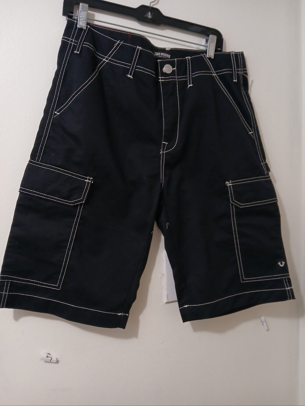 True Religion Black Cargo Shorts with White Contrast Stitching